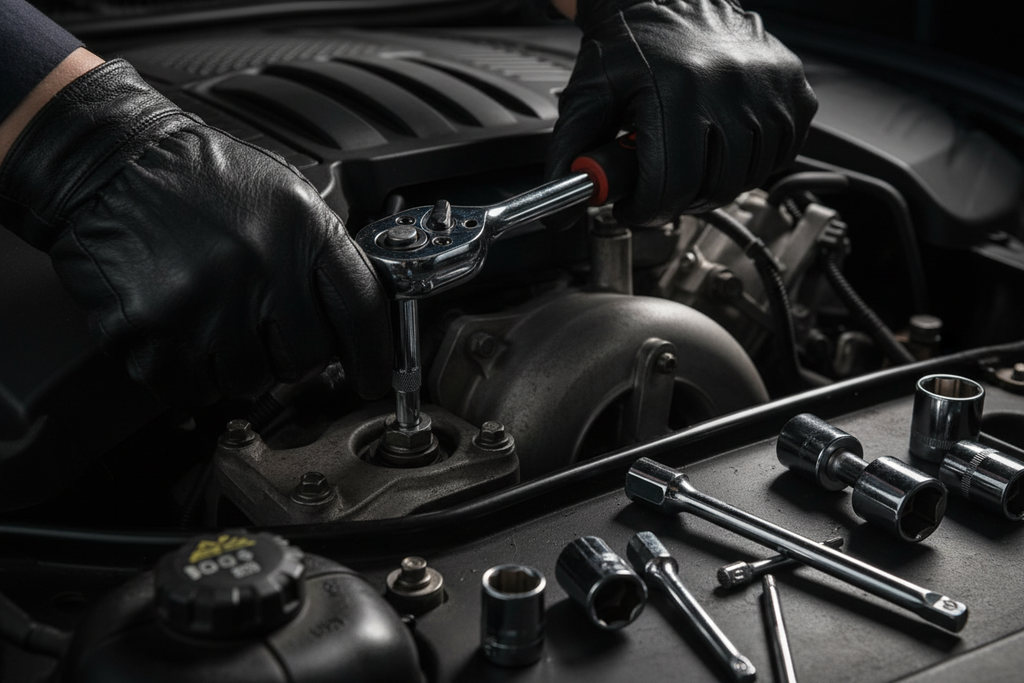 Mechanic Using Tool Set in Car
