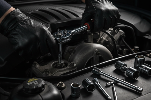 Mechanic Using Tool Set in Car