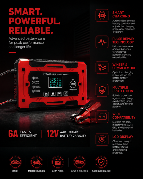 Andowl 12V 6A Smart Pulse Repair Battery Charger