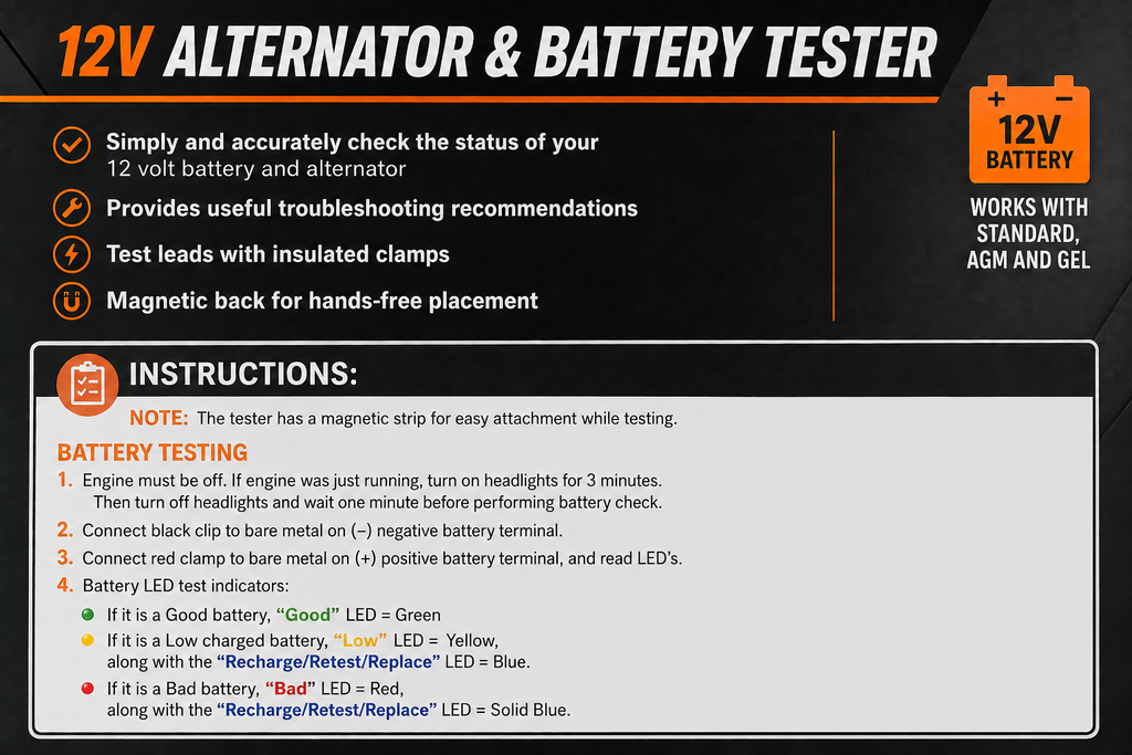 12V Battery & Alternator Tester – Quick Vehicle Diagnostic Tool