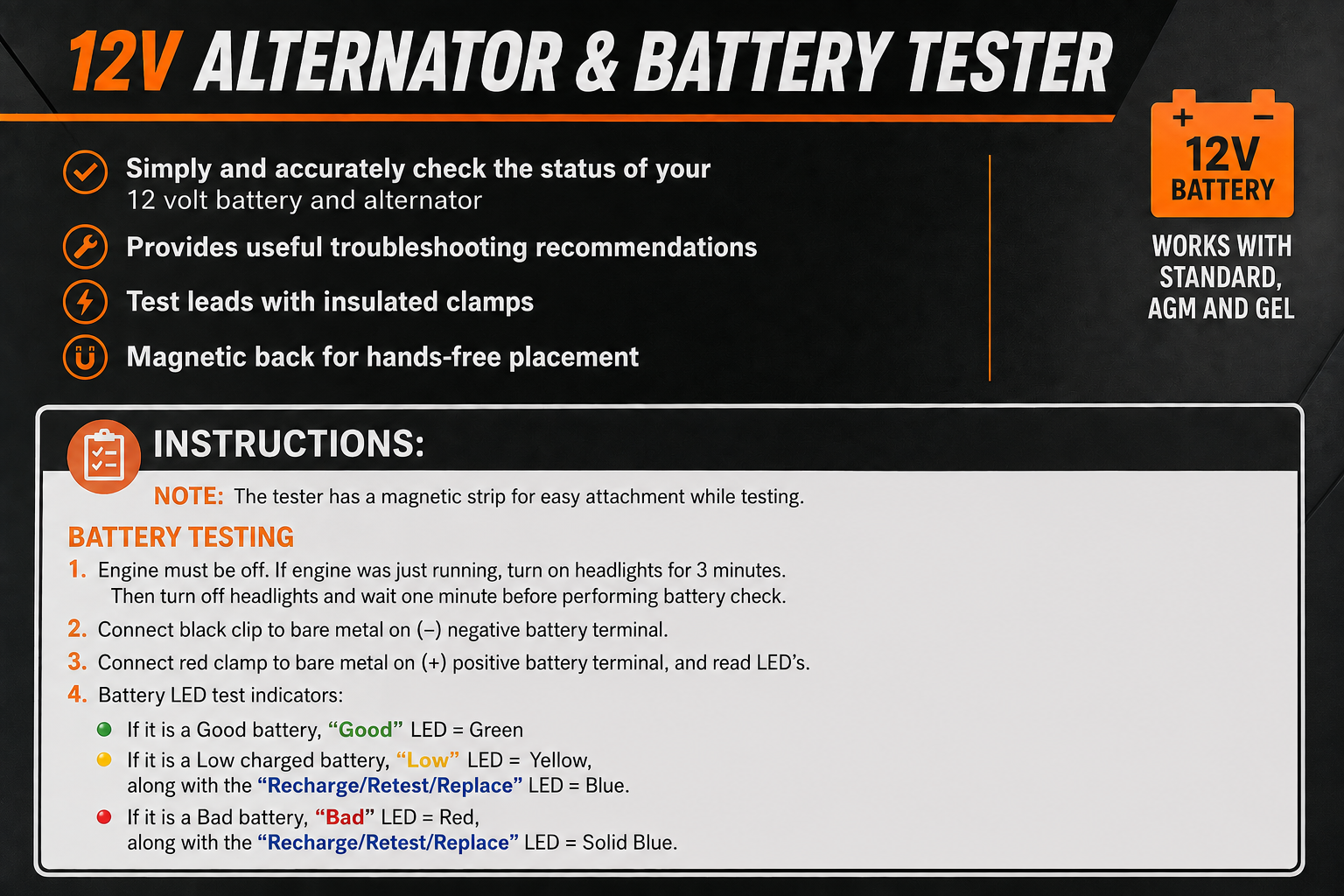 12V Battery & Alternator Tester – Quick Vehicle Diagnostic Tool