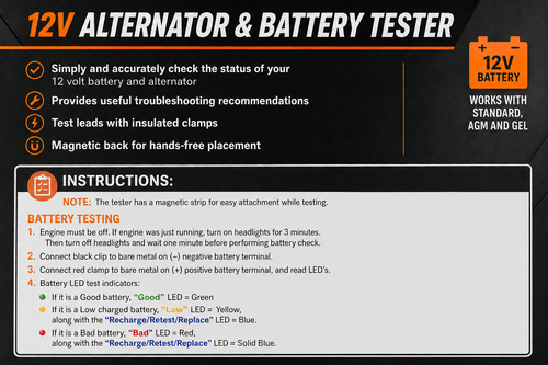 12V Battery & Alternator Tester – Quick Vehicle Diagnostic Tool