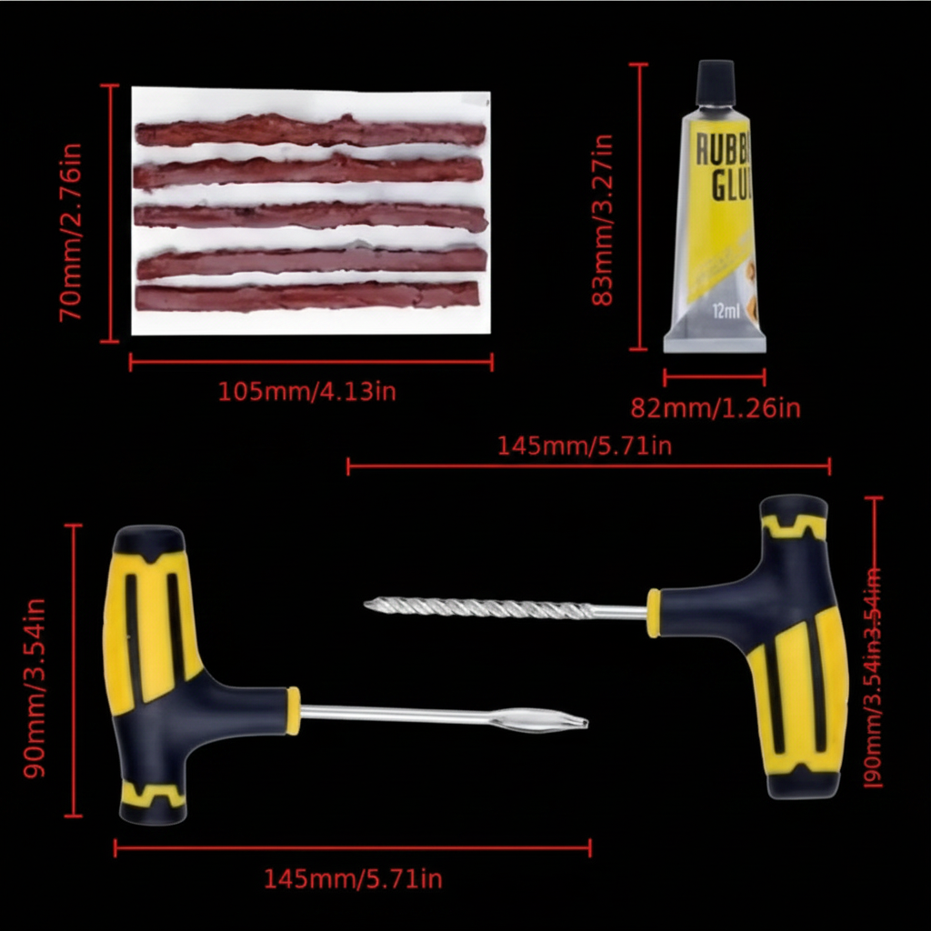 Tire Repair Kit Black Background Red Measurements